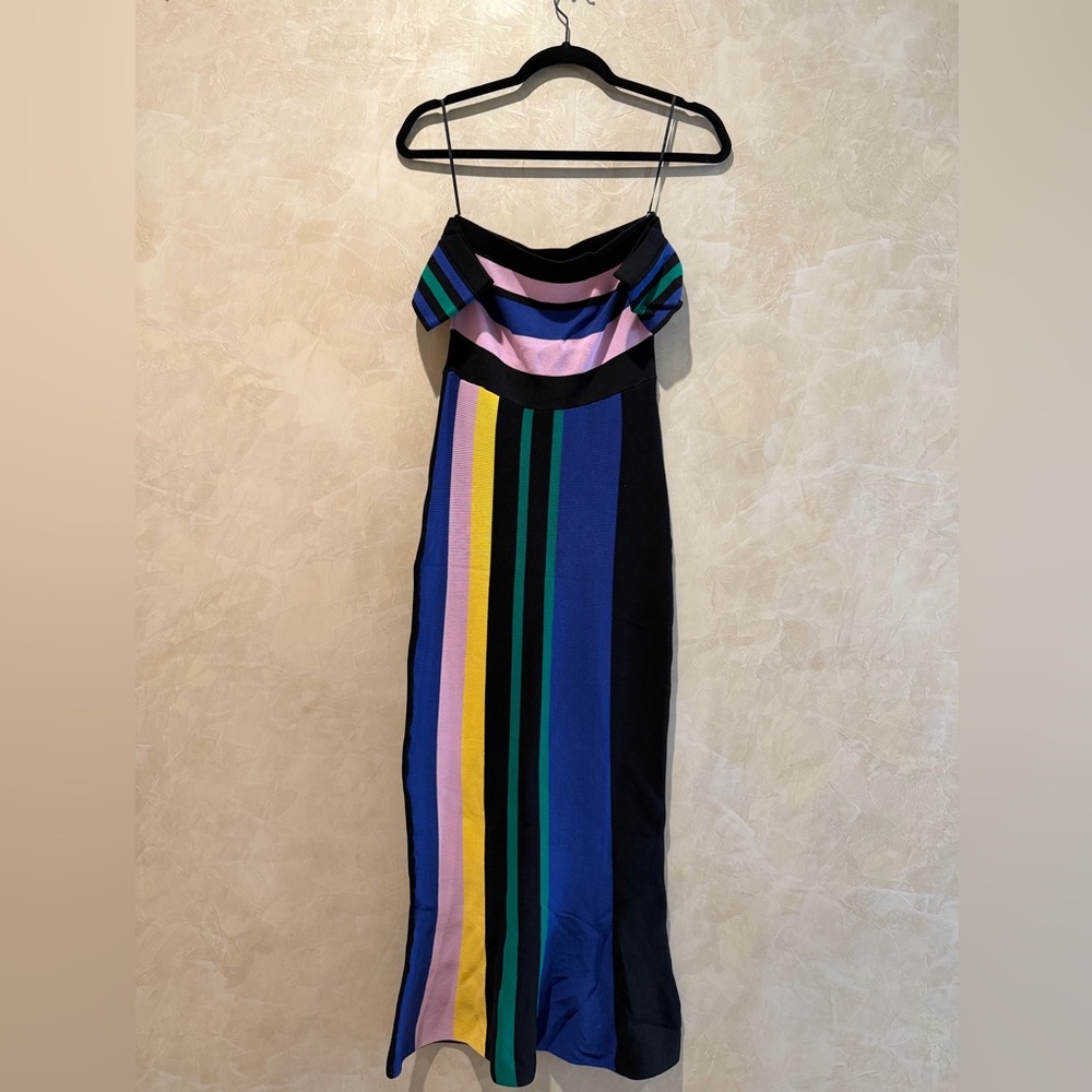 AKIRA Off-The-Shoulder Striped Maxi Dress in Black, Blue, Pink & Yellow